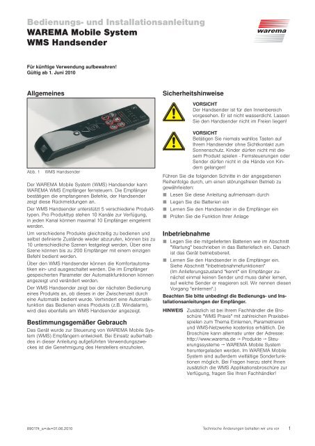 und Installationsanleitung WAREMA Mobile System WMS Handsender