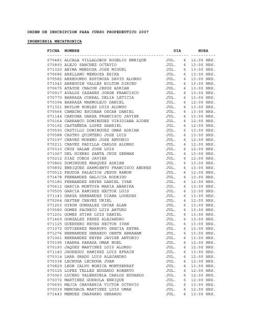 orden de inscripcion para curso propedeutico 2007 - ITCJ