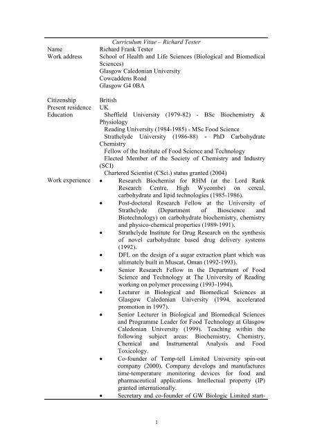 Curriculum Vitae â Richard Tester Name Richard Frank Tester Work ...