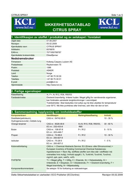 sikkerhetsdatablad citrus spray - Kolberg Caspary Lautom AS