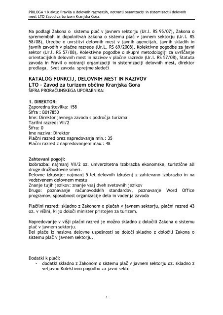 Katalog funkcij, delovnih mest in nazivov - ObÄ ina Kranjska Gora