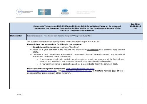 Comments Template on EBA, EIOPA and ESMA's Joint Consultation ...