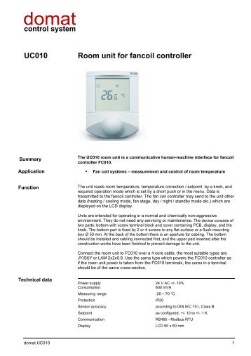 UC010 Room unit for fancoil controller