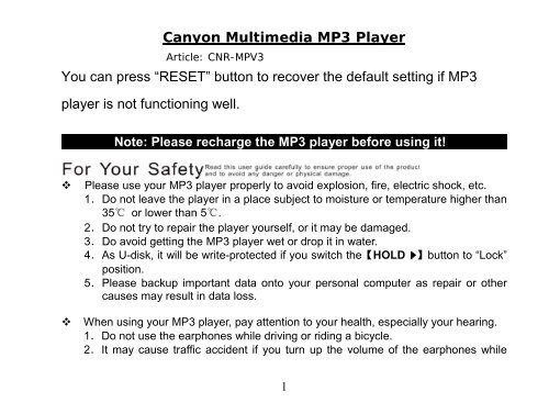 Canyon Multimedia MP3 Player You can press â€œRESETâ€ button to ...