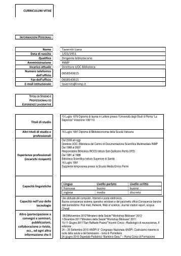 CURRICULUM VITAE Nome Taverniti Liana Data di nascita 1 ... - Inmp