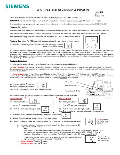 SIPART PS2 Positioner Quick Start-up Instructions - Siemens