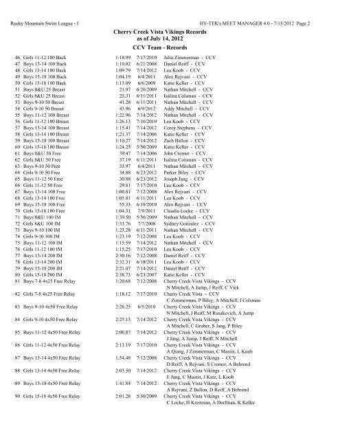 Team Records by Event Number - Cherry Creek Vista Swim Team