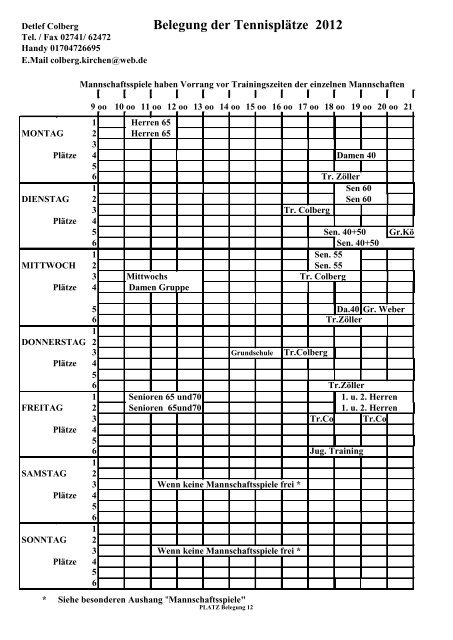 Belegung der Tennisplätze 2012