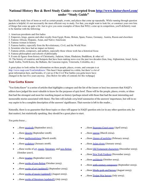 National History Bee & Bowl Study Guide—excerpted from http://www