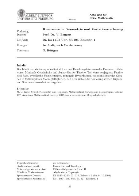 Kommentiertes Vorlesungsverzeichnis WS 09 10 - Mathematisches ...