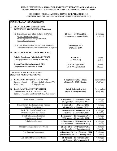 Academic Calendar - INBIOSIS - Universiti Kebangsaan Malaysia