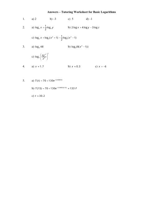 Tutoring Worksheet for Basic Logarithms 1. Evaluate the following ...