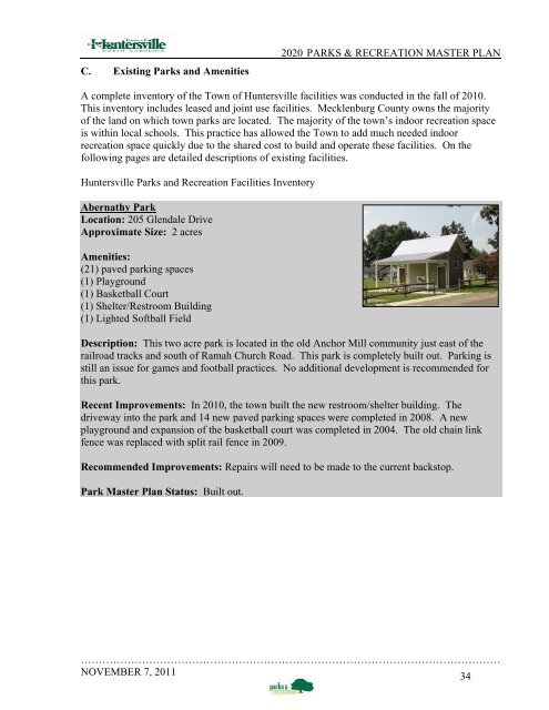 2020 Parks & Recreation Master Plan - Town of Huntersville