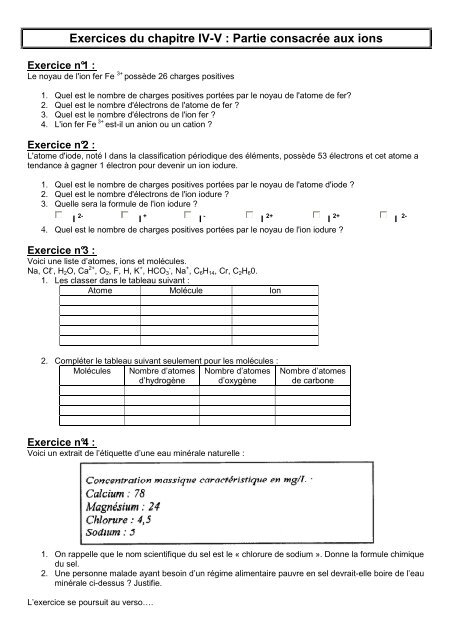 Exercices du chapitre IV-V les ions