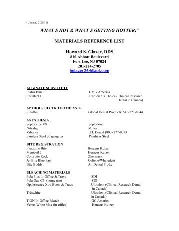 MATERIALS REFERENCE LIST Howard S. Glazer, DDS