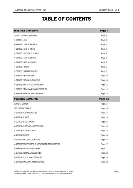 hasselblad uk ltd - price list january 2011 - v1.1 - Teamwork