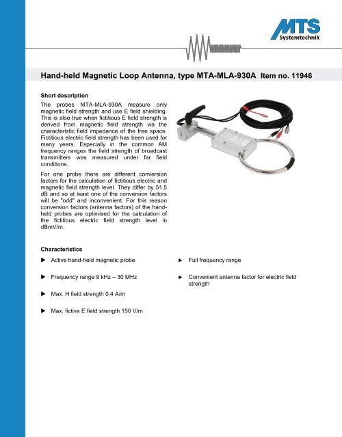 Hand-held Magnetic Loop Antenna, type MTA-MLA-930A Item no ...