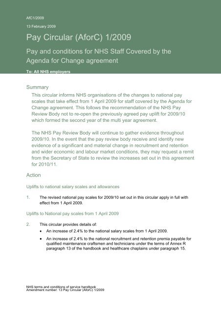 Pay Circular (AforC) 1/2009 - NHS Employers
