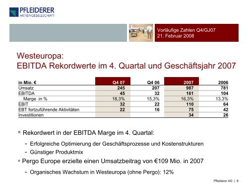 VorlÃ¤ufige Zahlen Q4/GJ07 21. Februar, 2008 - Pfleiderer AG