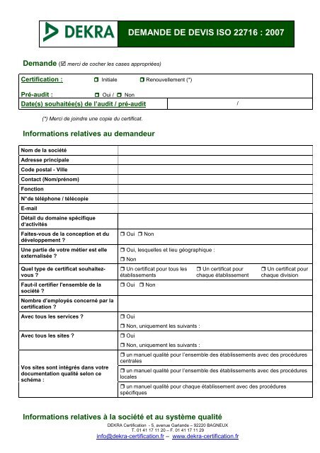 DEMANDE DE DEVIS ISO 22716 : 2007 - DEKRA Certification