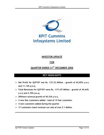 investor update for quarter ended 31st december 2006 key ... - KPIT