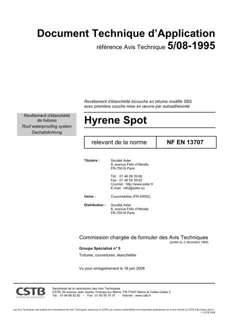 Document Technique d'Application Hyrene Spot - Axter