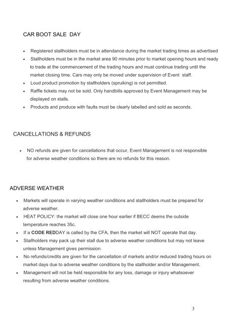 Rules and Regulations for car boot sale