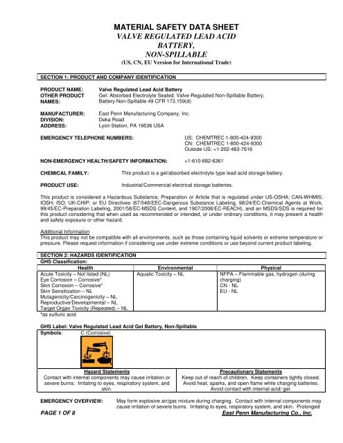 material safety data sheet valve regulated lead acid battery, non ...