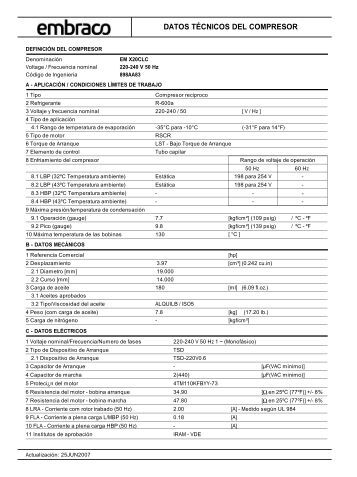 DATOS TÃ CNICOS DEL COMPRESOR - Embraco