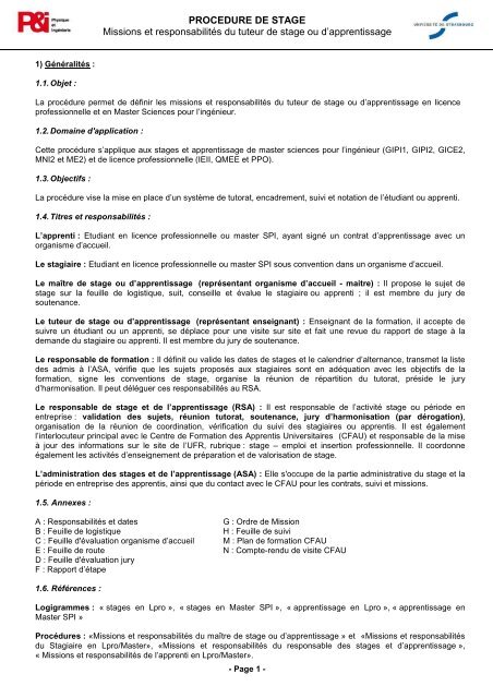 PROCEDURE DE STAGE Missions et responsabilitÃ©s du tuteur de