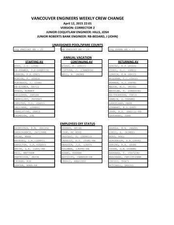 VANCOUVER ENGINEERS WEEKLY CREW CHANGE - TCRC 320