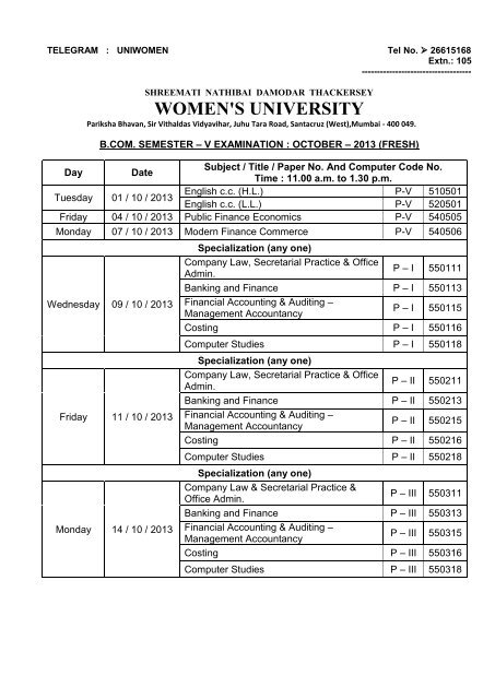 Bachelor of Commerce Sem.III (Fresh) - SNDT Women's University