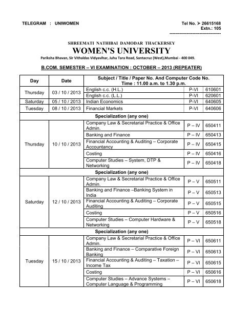 Bachelor of Commerce Sem.III (Fresh) - SNDT Women's University