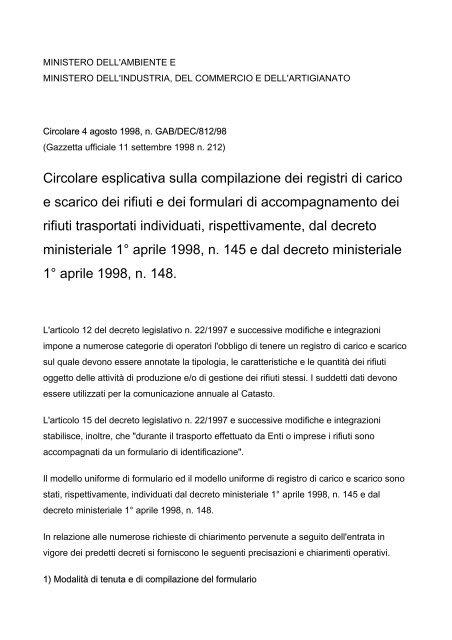 Circolare esplicativa sulla compilazione dei registri di carico e ...