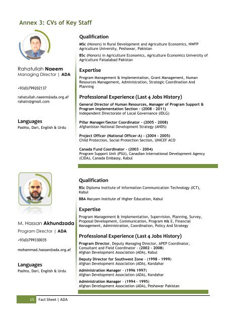 1 Fact Sheet | ADA FACT SHEET Afghan Development Association ...