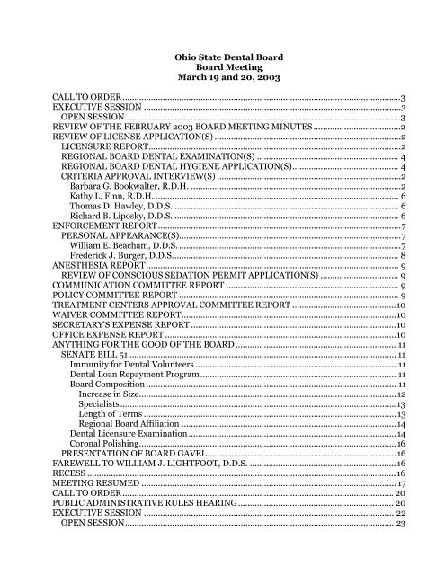 Ohio State Dental Board Board Meeting March 19 and 20, 2003 ...