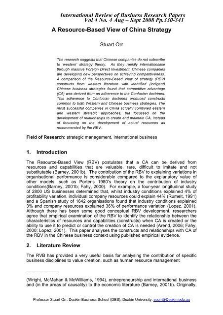A Resource Based View Of China Strategy International Review Of