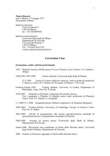 Curriculum Vitae - Dipartimento di Filosofia - UniversitÃ  degli Studi ...