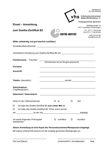Einzel Anmeldung Zum Goethe Zertifikat B2 Vhs Sprachenschule