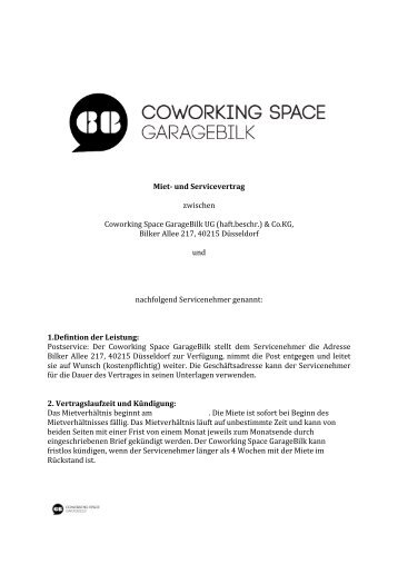 Miet- und Servicevertrag zwischen Coworking Space GarageBilk UG