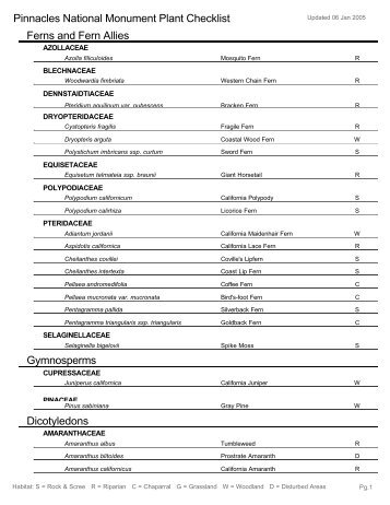 Pinnacles National Monument Plant Checklist Ferns and Fern Allies ...