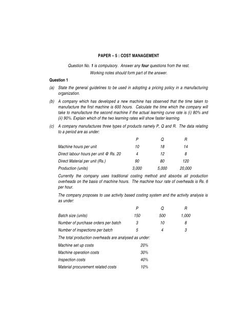 PAPER â 5 : COST MANAGEMENT Question No. 1 is ... - Master Minds