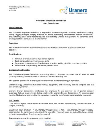 Wellfield Completion Technician Job Description - Uranerz Energy ...