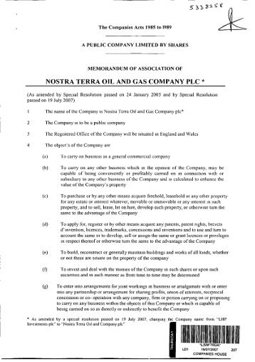 Memorandum of Association - Nostra Terra Oil and Gas Company plc