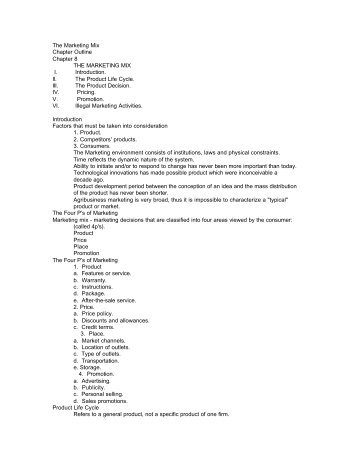 The Marketing Mix Chapter Outline Chapter 8 THE MARKETING MIX ...