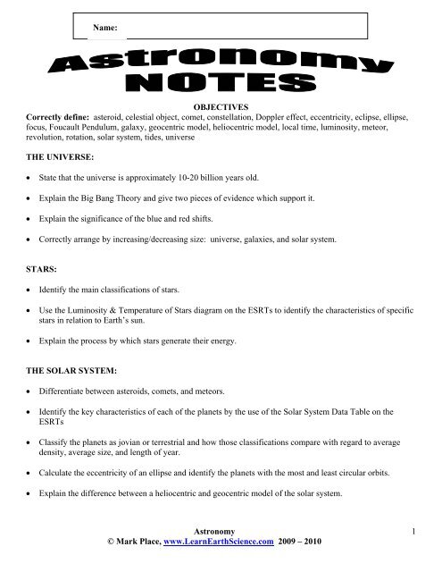 Astronomy Notes - Learn Earth Science