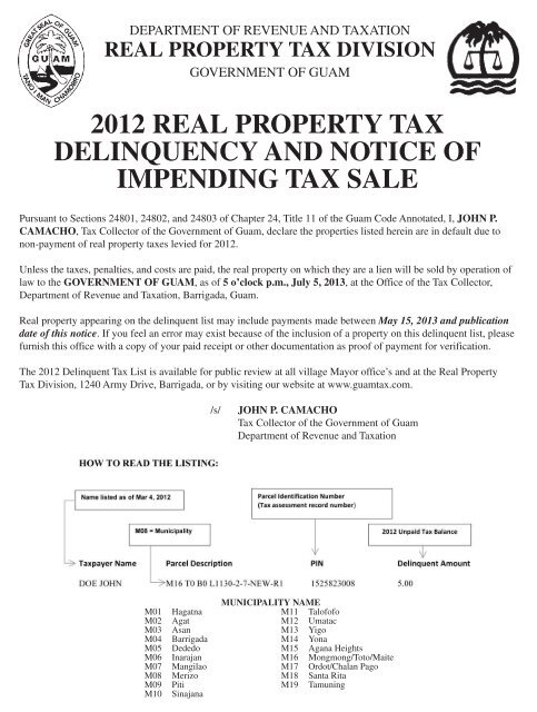 2012 real property tax delinquency and notice of impending tax sale