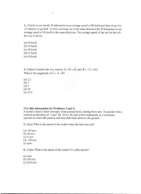 1.(lOpts) A car travels 20 kilometers at an average speed of 80 km/h ...