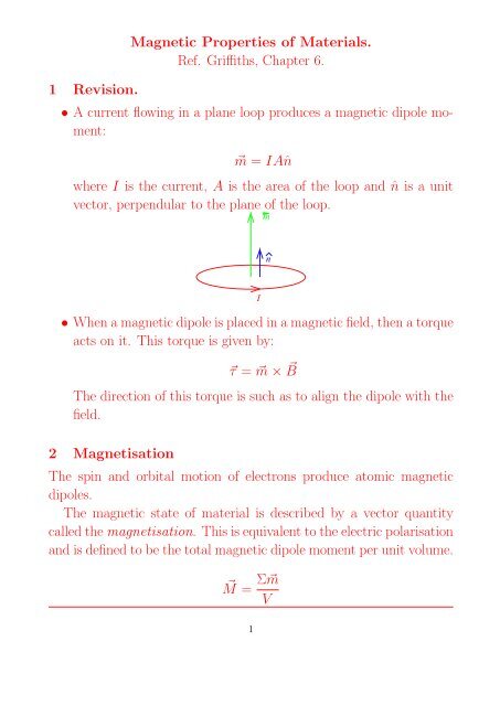 Magnetic Properties of Materials. Ref. Griffiths, Chapter 6. 1 Revision ...