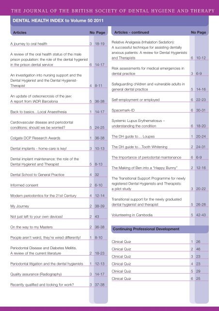 DENTAL HEALTH INDEX to Volume 50 2011